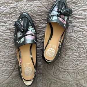 Vince Camuto Black and Pink Floral Tassel Loafers